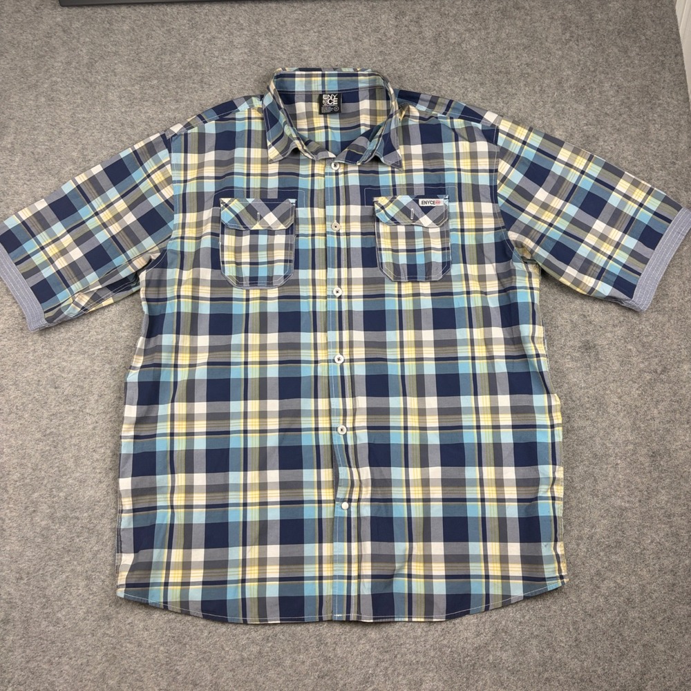 Enyce Button Down Mens 3X Blue Plaid Short Sleeve Y2K Hip Hop Streetwear Shirt